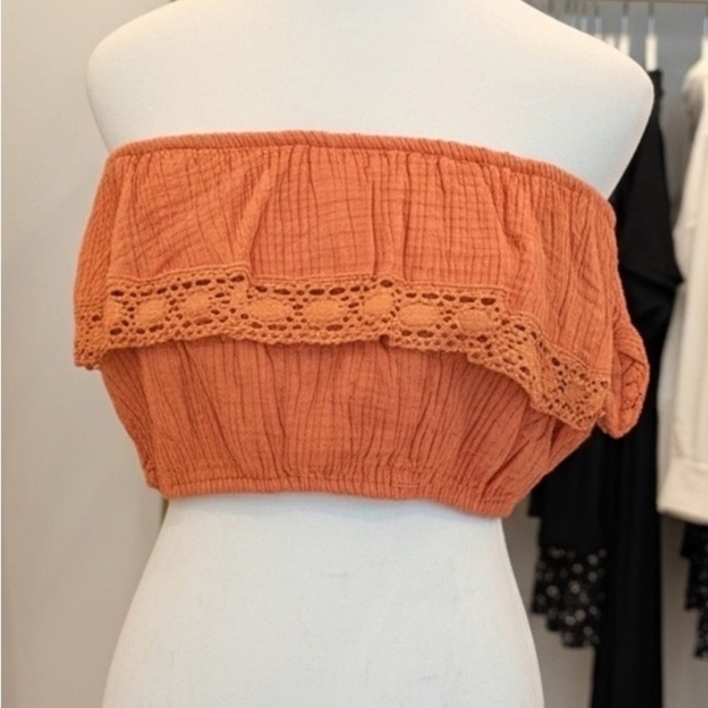 Roxy Off-Shoulder Crochet-Trim Crop Top - Terracotta